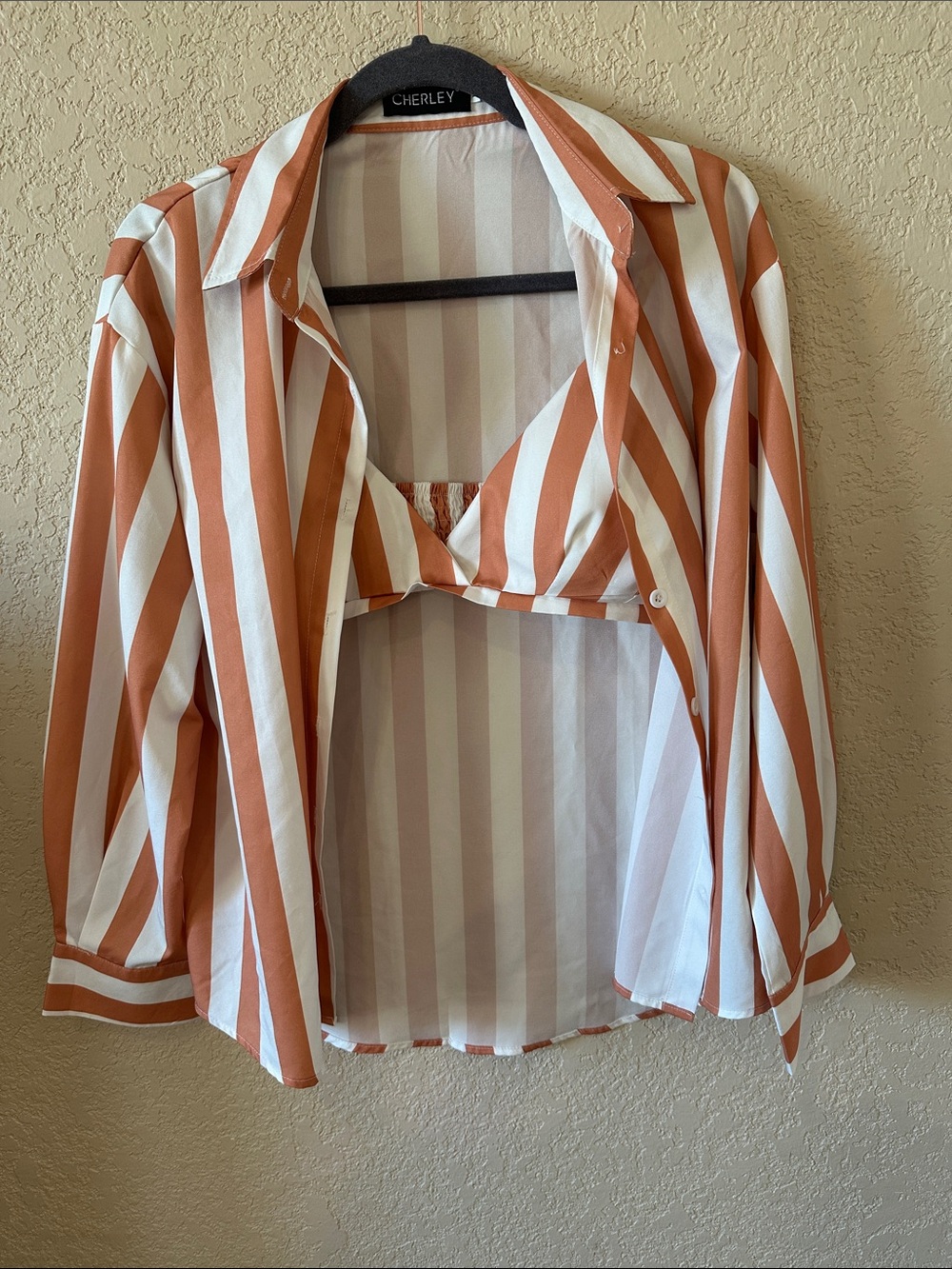 Cherley set Rust and White Striped Button-Up Top with Bralette